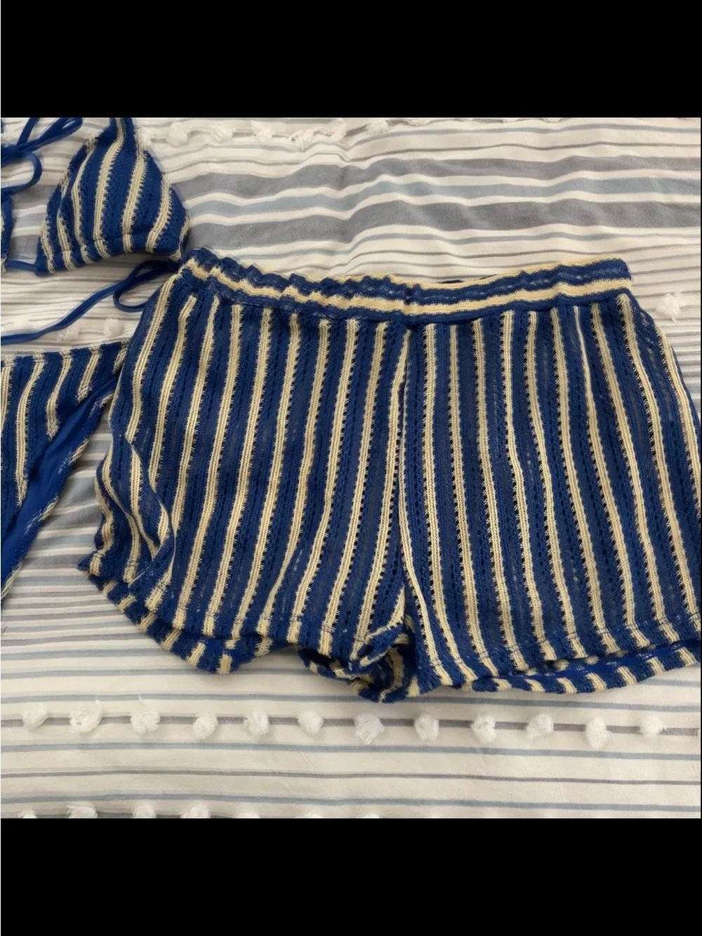 Striped Blue and Cream Crochet Bikini Set